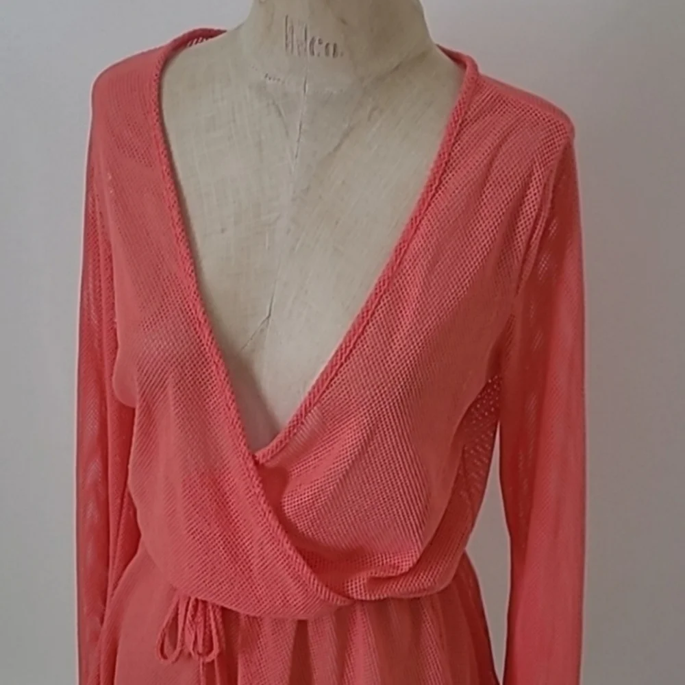 Francesca's Resortwear Mesh Long Sleeve Coral Mini Dress Coverup M/L